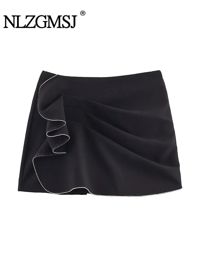 NLZGMSJ Vintage Casual Chic Damska Spódnica z Koralikami, Krótka Spódniczka na Zamek, Nowa Moda, Damska Krótka Spódniczka Mini z Falbankami