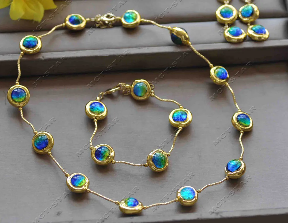 Z12922 Set Blue Green Murano Glass Gold-Plated Bead Necklace Bracelet Earring view 2