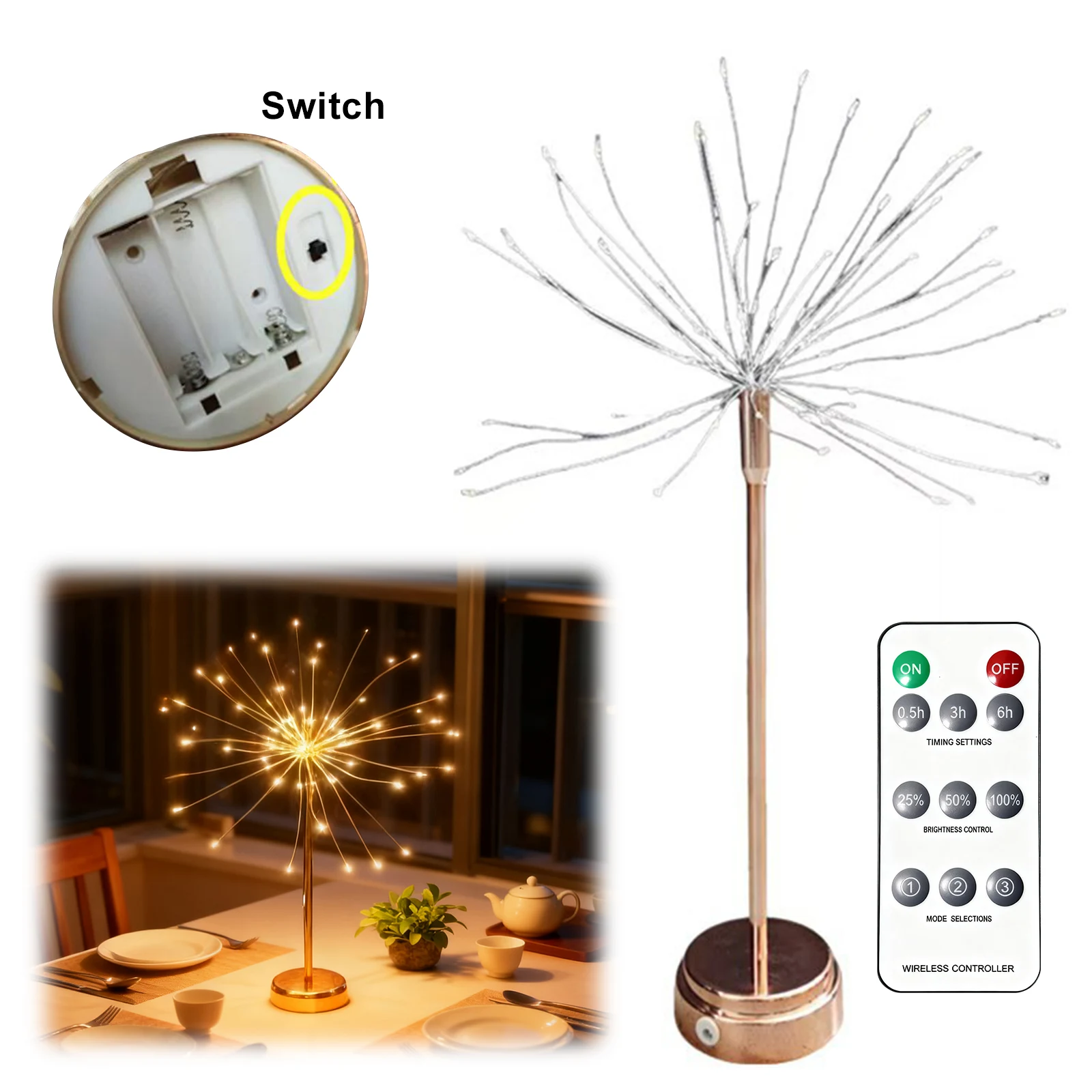 Nest and Flowers Table Lights with Remote Christmas Decorations Star Light LED Twinkle Firework Light for Christmas Dinner Decor