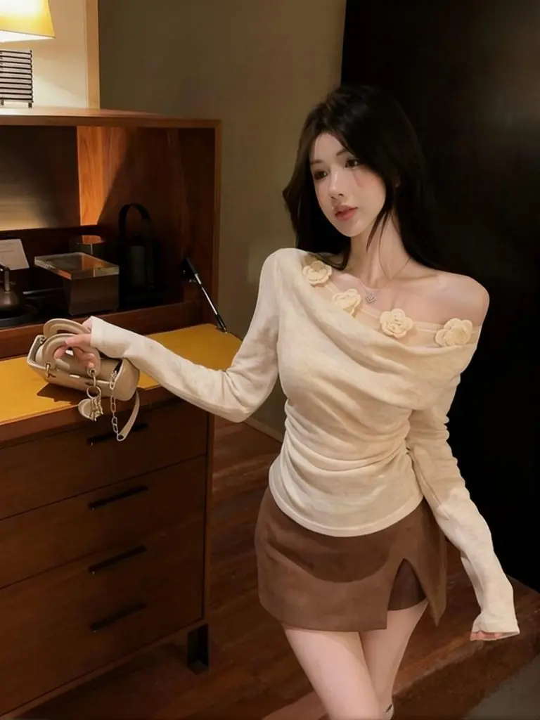 Apricot T-shirt for Women Flower Slim Fitted Off Shoulder Long Sleeve Shirt Lady Elegant Casual Tee Draped Collared Bodycon Top