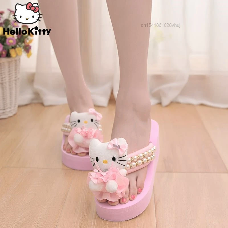 Sanrio Kawaii Hello Kitty Doll Wedges Slipper Women\'s Fashion High Heels Flip Flops Leisure Slides Y2k Platform Sandals Female