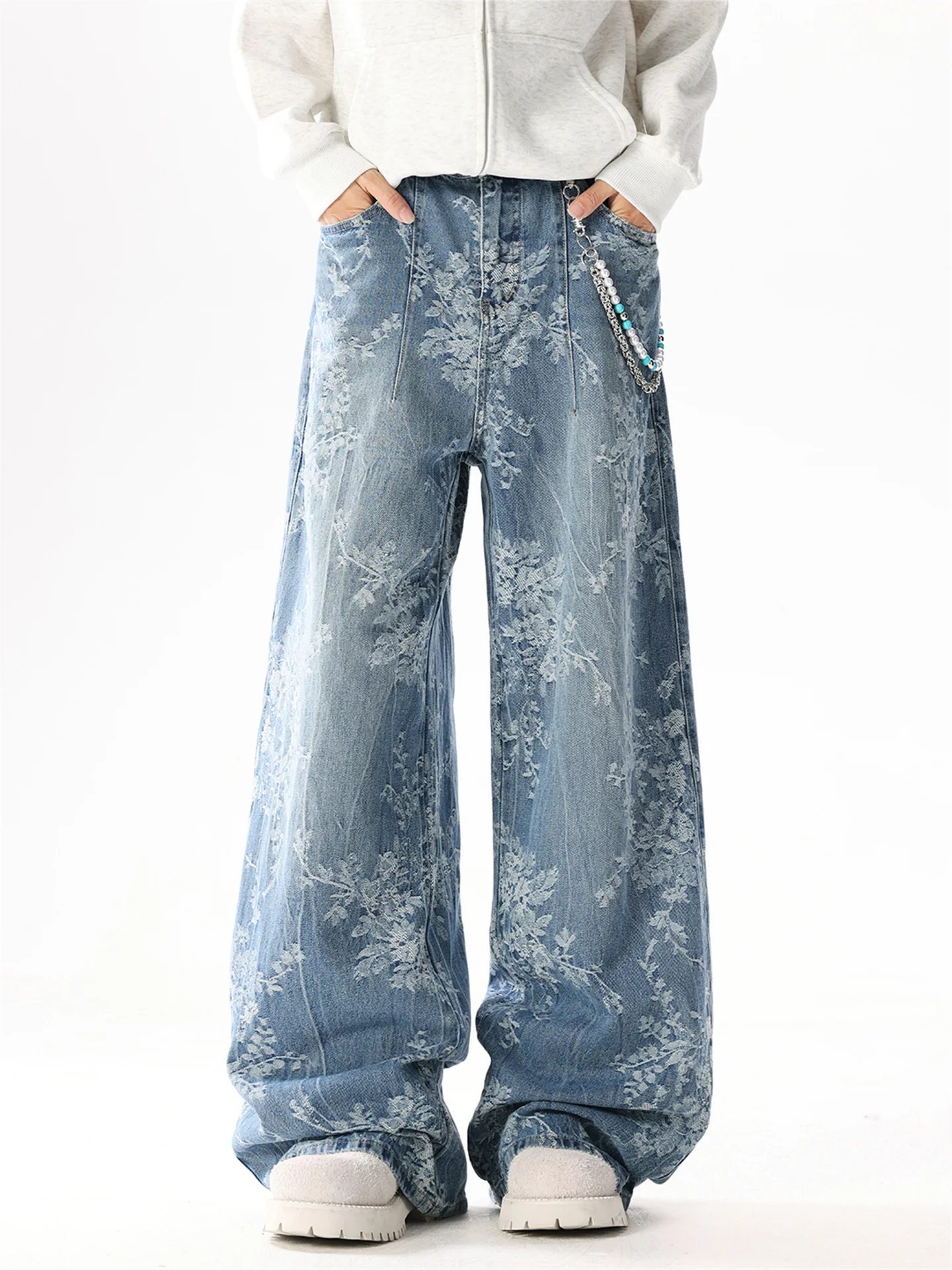 Women's Blue Baggy Y2k Jacquard Jeans Japanese 2000s Style Boyfriend Jean Pants Vintage Harajuku Oversize Denim Trousers Autumn
