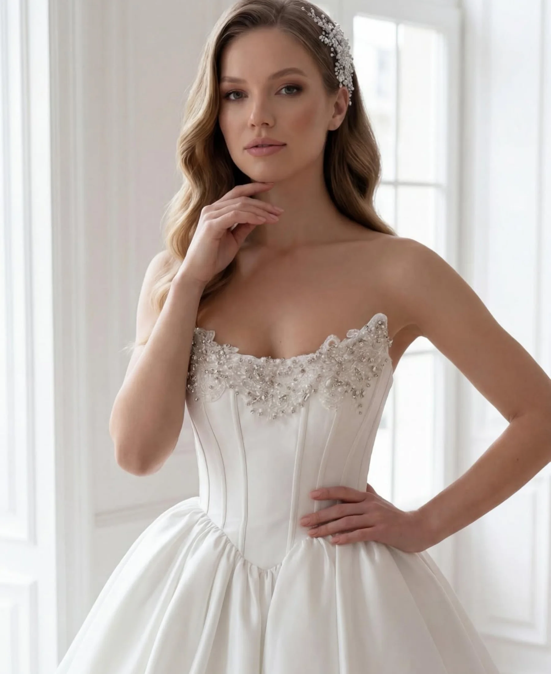 Elegant Strapless Wedding Dress Delicate Bride Dresses Court Train Princess Ball Gown wedding dress Customized vestidos de novia