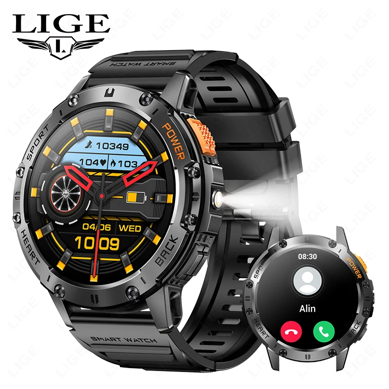 LIGE 530mah Large Battery Ourdoor Smartwatch Men BT Call Sports Fitness Bracelet With Flashlight Waterproof AMOLED Smart Watches