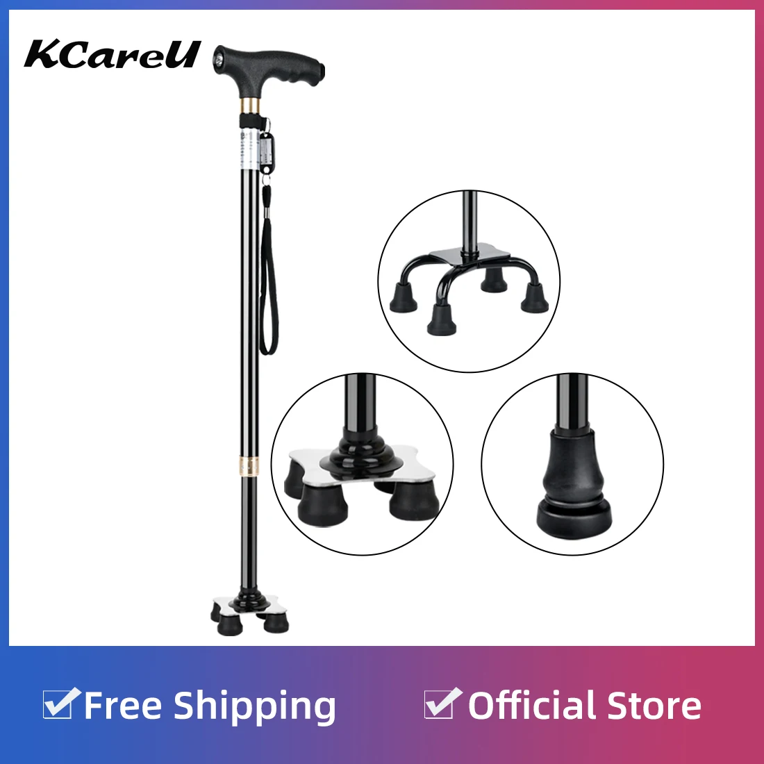 

KCareU Non-slip Walking Stick LED Light Crutches Walker Aluminum Alloy Ultra-light Tripod Cane Height Adjustable Portable Crutch