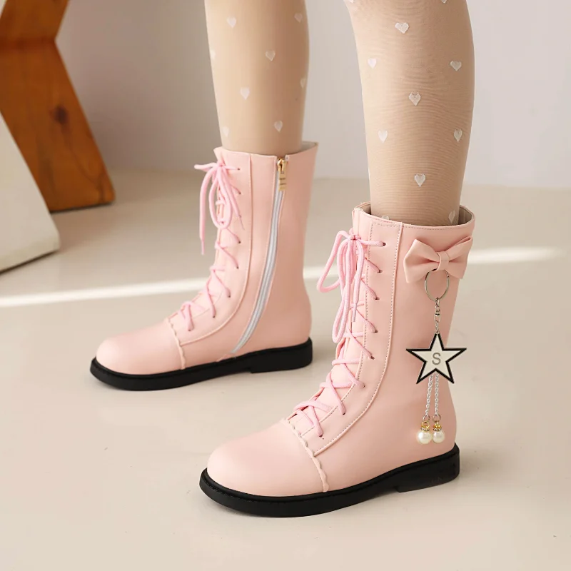 

Autumn Winter Lolita Style JK Sweet Cosplay Ankle Boots Ladies Cross-tied Bow Pearls Chain Low Heel Party Women Shoes Pink 2023