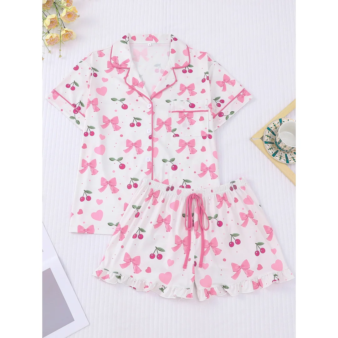 

Women's Pajamas with Cherry Bows Heart Print White Lapel Short Sleeve Shorts Loungewear Home Wear Set Valentine's Day Gifts