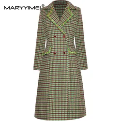 MARYYIMEI Autumn Winter Green Plaid Women's Coat Notched Long Sleeved Double-breasted Beading Fashion Streetwear Overcoat