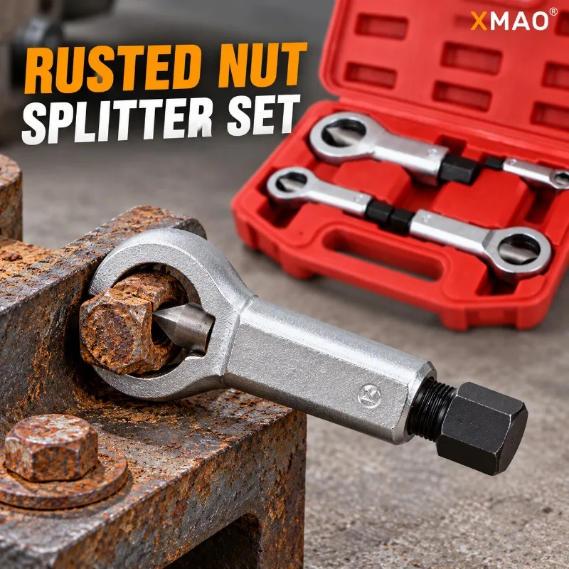 4-Piece Nut Cracker Set for Stuck, Corroded or Rounded Hex Nuts, Manual Splitter Removal Tool Kit with Red Carrying Case