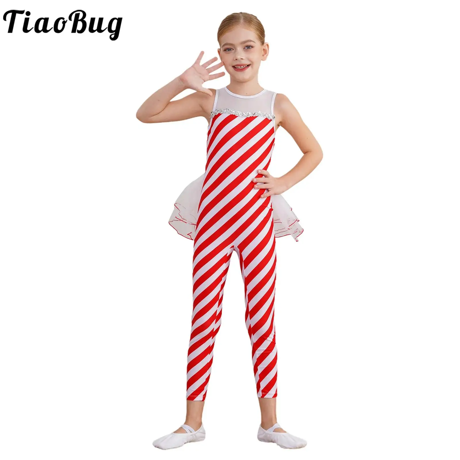 Kids Girls Christmas Dance Costume Sleeveless Sequins Trim Mesh Patchwork Twill Stripe with Half Tiered Skirt Bodysuit Pants