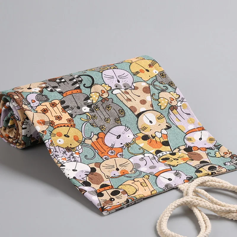 12/24/36/48/72 Hole Pen Curtain Case Cartoon Cat Roll-up Pencil Bags Colored Lead Pure Cotton Canvas Large-capacity Pencil Case