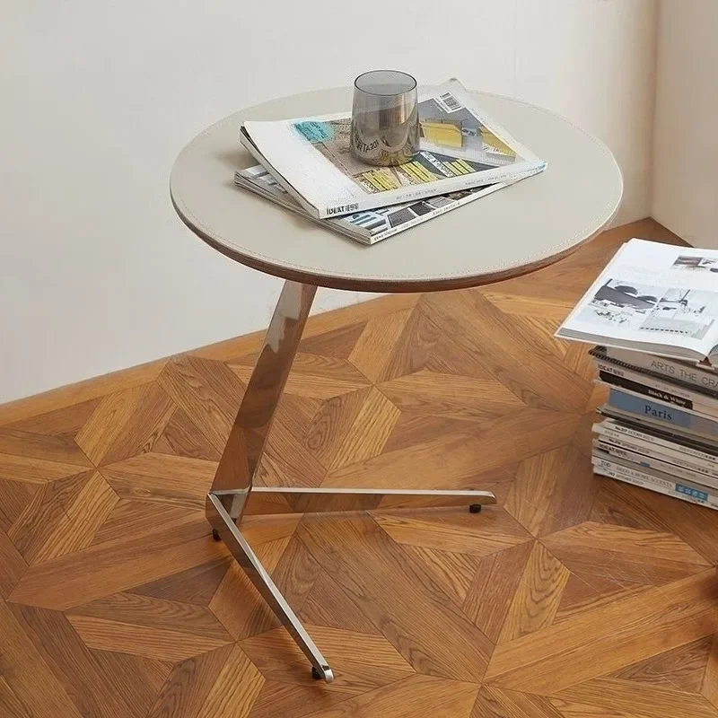 Creative Leather Coffee Tables Drink Stand Round Tea Table Nightstands Side Table Occasional Stand Walnut Furniture Parlor Decor