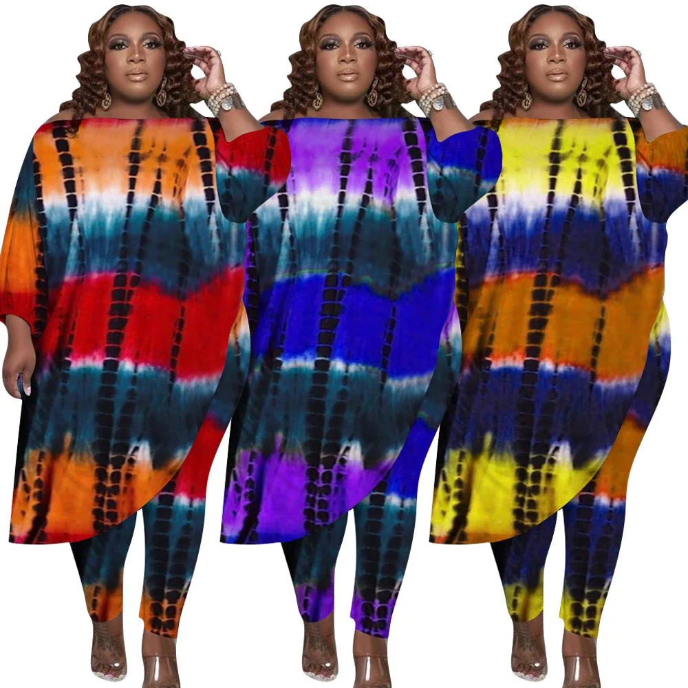 Plus Size Sets XL-5XL Printed Loose Two Piece Set Women\'s Outfit Tie Dye Oblique Irregular Tracksuit Casual Streetwear Clothings