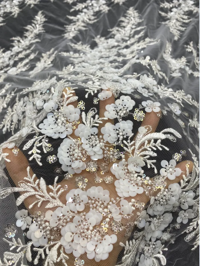 

New 3D Embroidered Sequins Beaded Lace Fabric Exquisite High-Density Material for Wedding Dresses Evening Gowns DIY Sewing