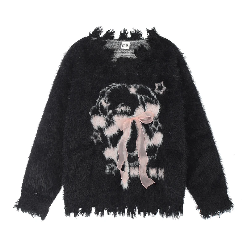 Women's Print Mohair Pullover Sweater Aesthetic Y2k Elegant Vintage Long Sleeves Bow Knitted Jumper Sweater 2000s Clothes Autumn