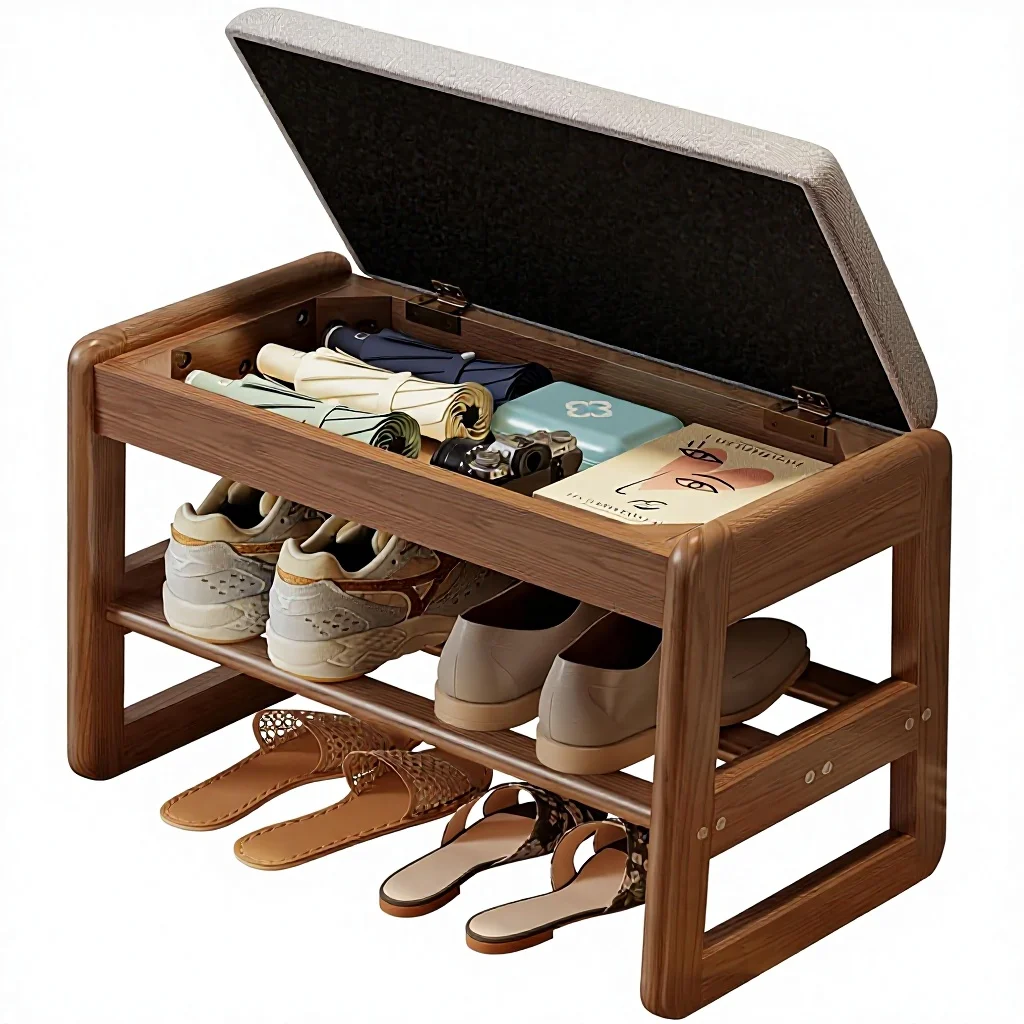 #US Stock Small Rectangular Shoe Rack Bench 2-Tier Flip-Top Storage Walnut Upholstered Seat For Entryway & Hallway XD014