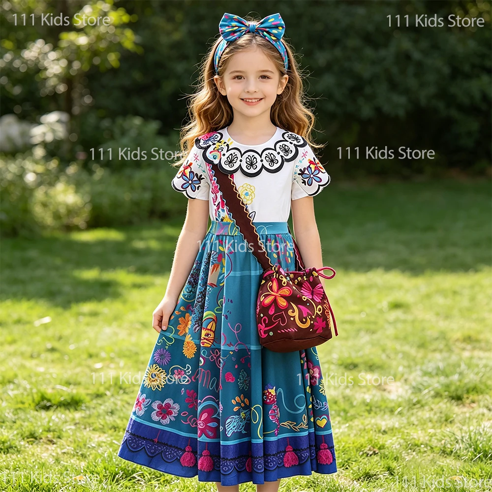 3Pcs Flower Print Encanto Dress Girls Short Sleeve Summer Dress with Bag Headband Mirabel Costume Children Outdoor Casual Dress