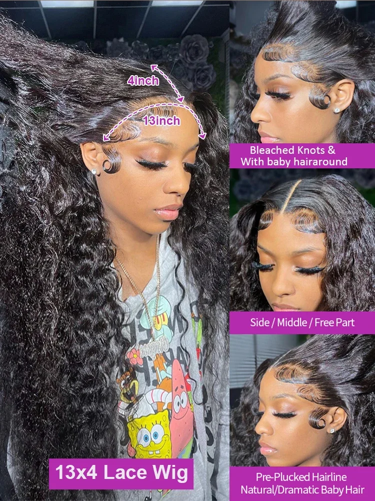 40 42 44 46 Inch Deep Wave Lace Frontal Wig Pre Cut Glueless Water Curly 13x6 HD Lace Front Human Hair Wig For Women PrePlucked