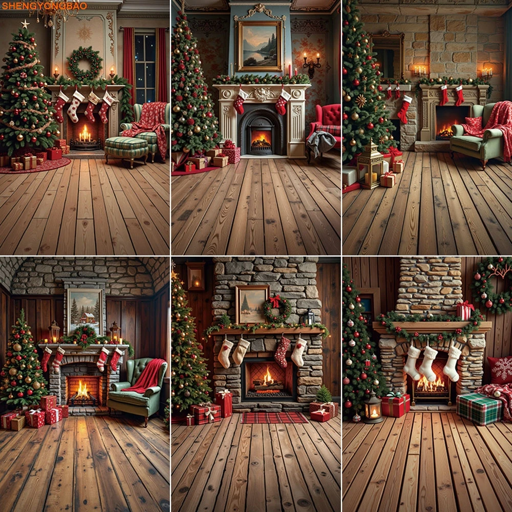 

Christmas Photography Background Fireplace Large Big Trees Gifts Photocall Backdrop Children Studio Photozone Supplies