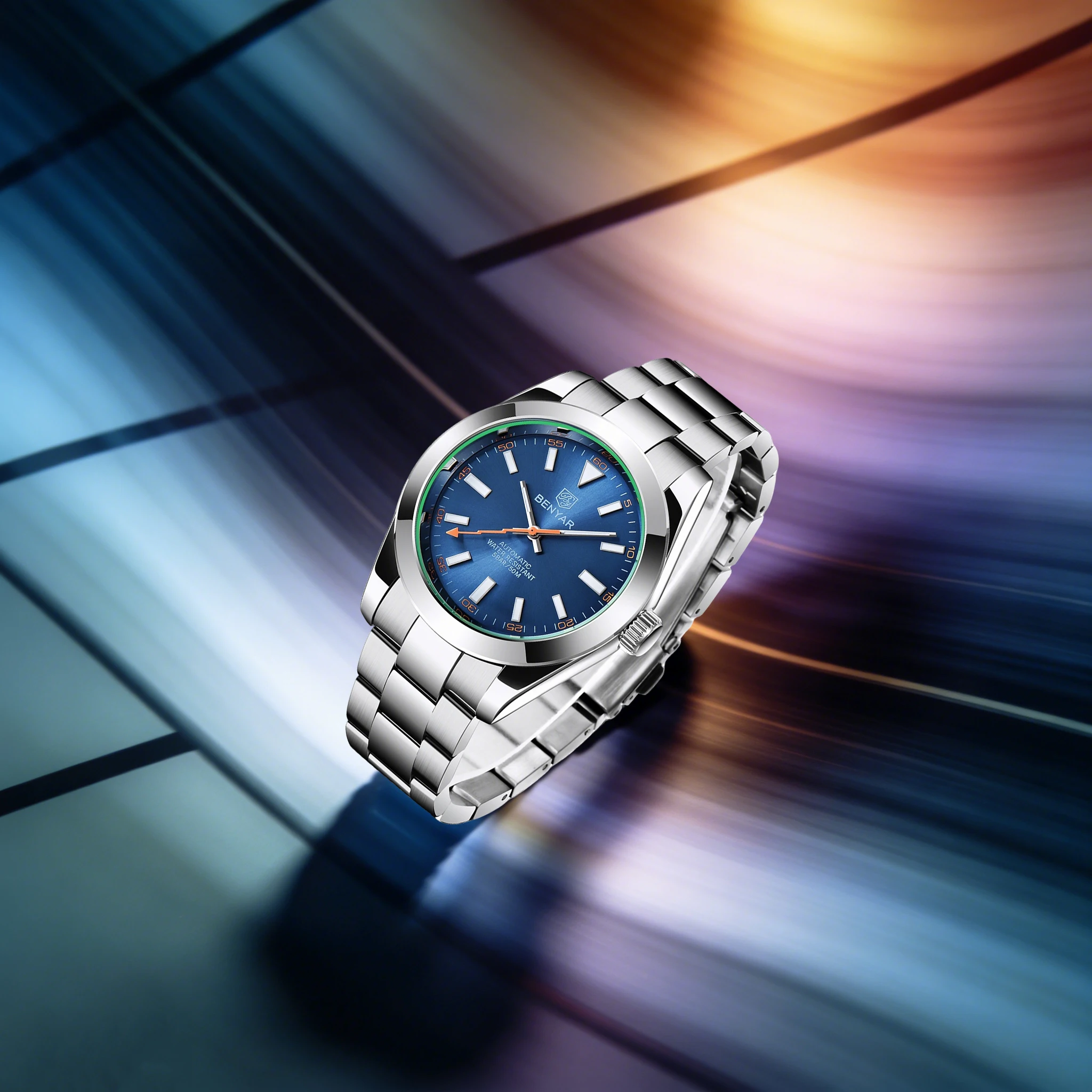 BENYAR Ultimate Luxury Men's Automatic Mechanical Watch Noble Style Stainless Steel Hardlex 5Bar Diving Luminous Watch+Gift Box