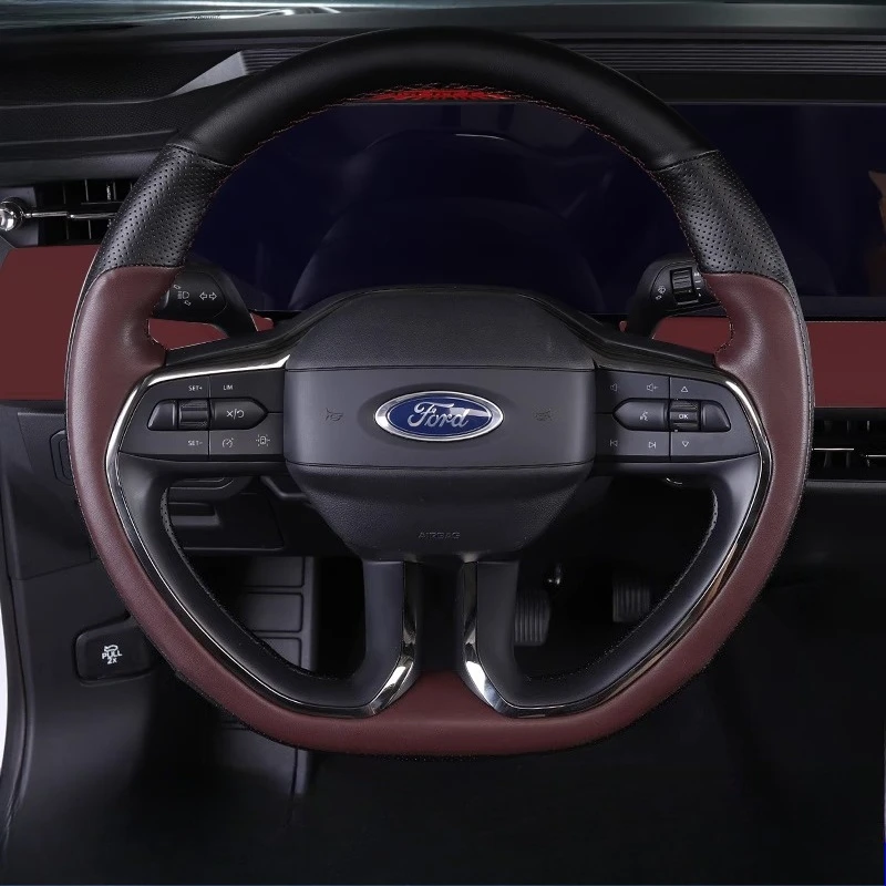 

Для Ford Edge 2025 Mondeo 2023-2025 Сшитый вручную нескользящий черный коричневый чехол на руль автомобиля из натуральной кожи