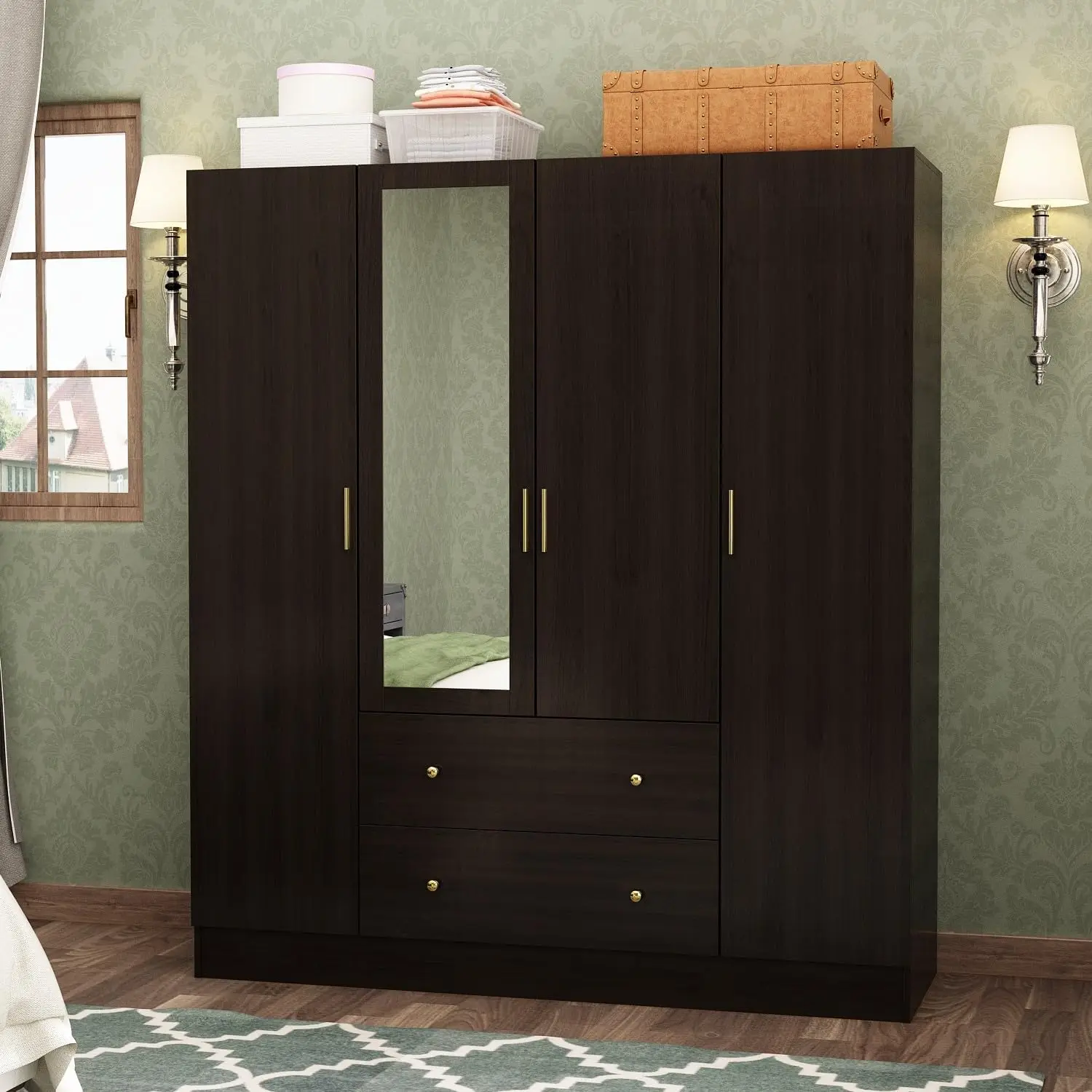 Famapy 4-Door Wardrobe Closet With Mirror Armoires And Wardrobes, Drawers And Shelves, Armoire Wardrobe Closet With Hanging