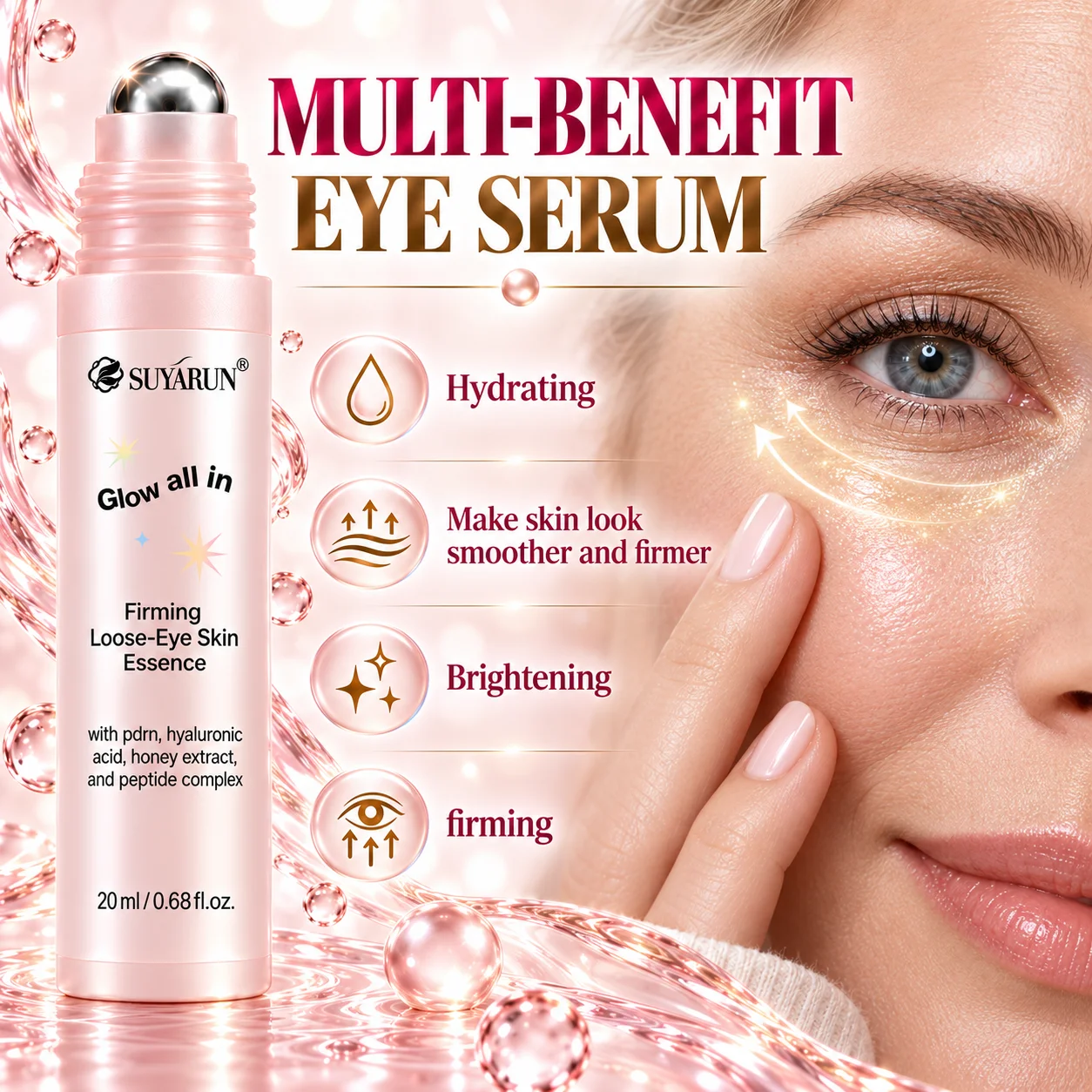 SUYARUN Eye Roller Serum moisturizes and locks in moisture for 24 hours, tightens loose eye bags, comes in two bottles.