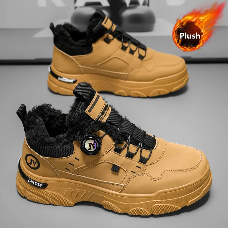 

Зимние мужские рабочие кроссовки с вращающейся кнопкой, уличная нескользящая рабочая обувь для мужчин, низкая плюшевая теплая хлопковая обувь, мужская обувь на платформе