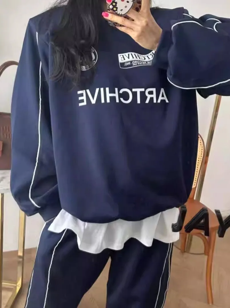 

Женская круглая толстовка с буквенным принтом, джемпер и длинные брюки, повседневный комплект спортивной одежды для похудения, милые манжеты