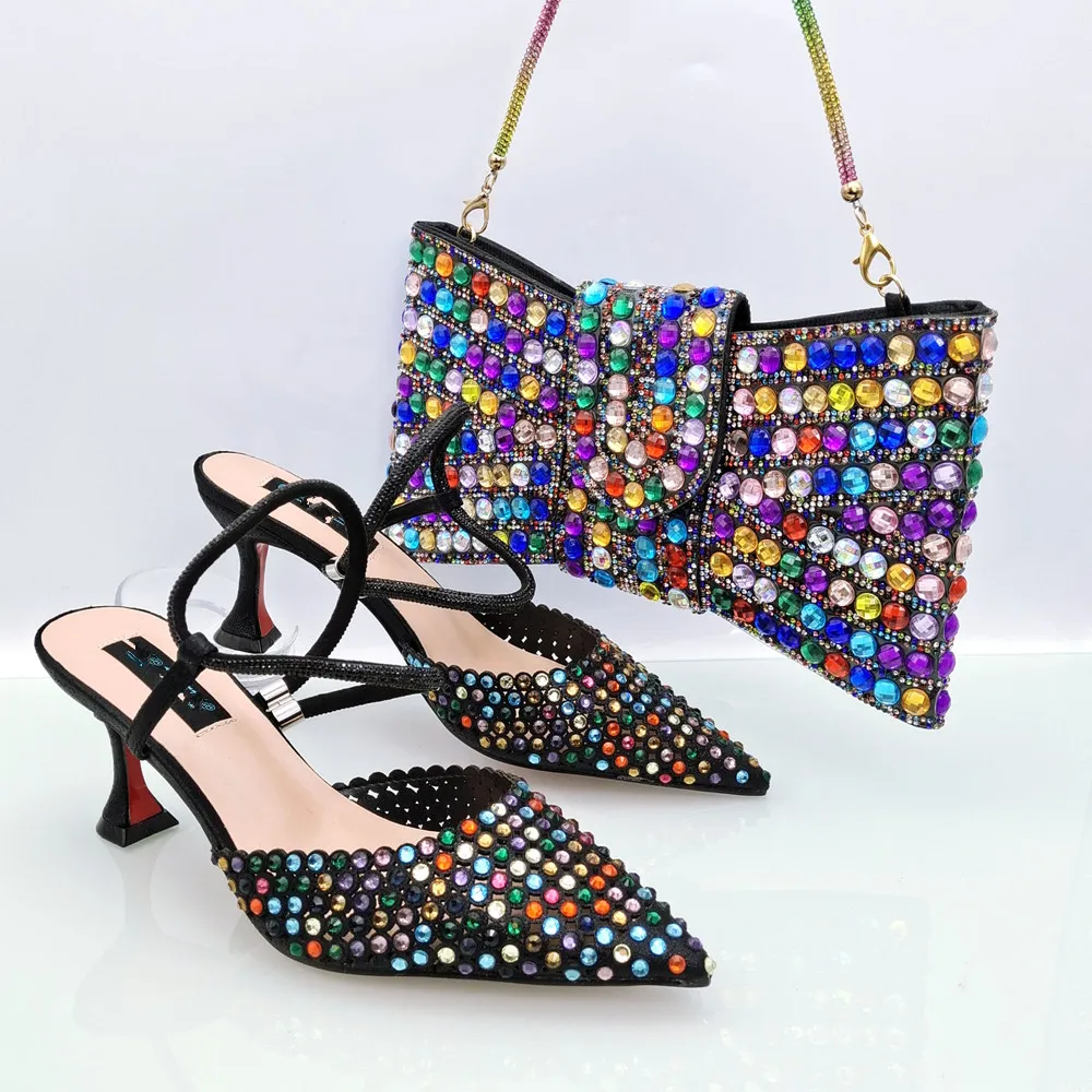 

Gorgeous Rainbow Women 7.5CM Pointed Toe Shoes Match Handbag With Crystal Decoration African Dressing Pumps And Bag Set QSL067