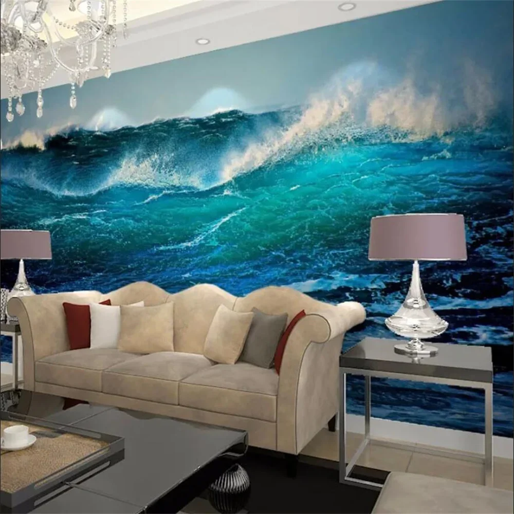Custom Blue ocean waves wall papers home decor papel de parede 3d wallpaper for living room landscape Deep Blue Sea Stickers