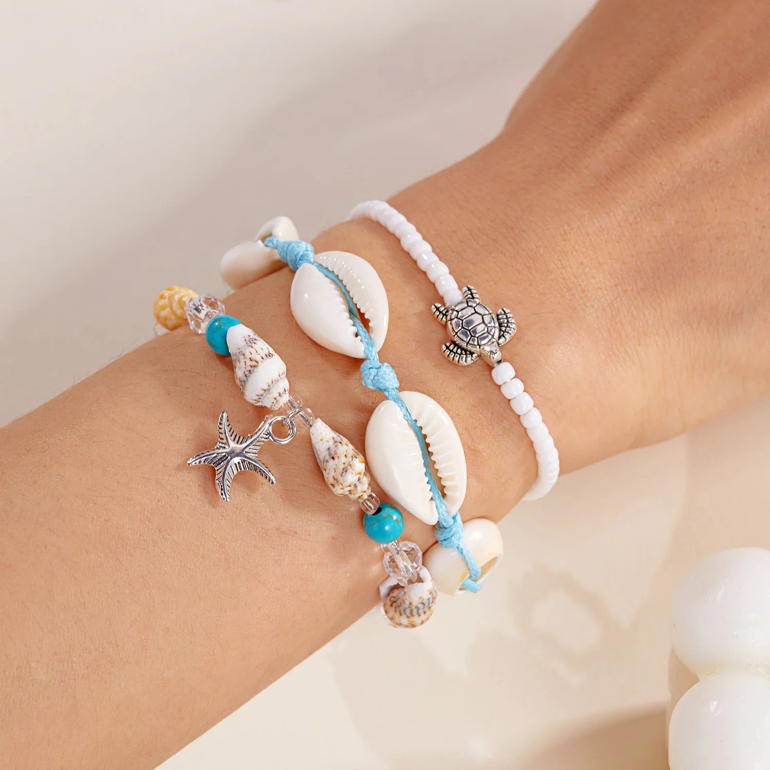 Summer Bohemian Flower Starfish Sea Turtle Pendant Bracelets Set for Women Polymer Clay Colorful Beaded Bangle Beach Jewelry