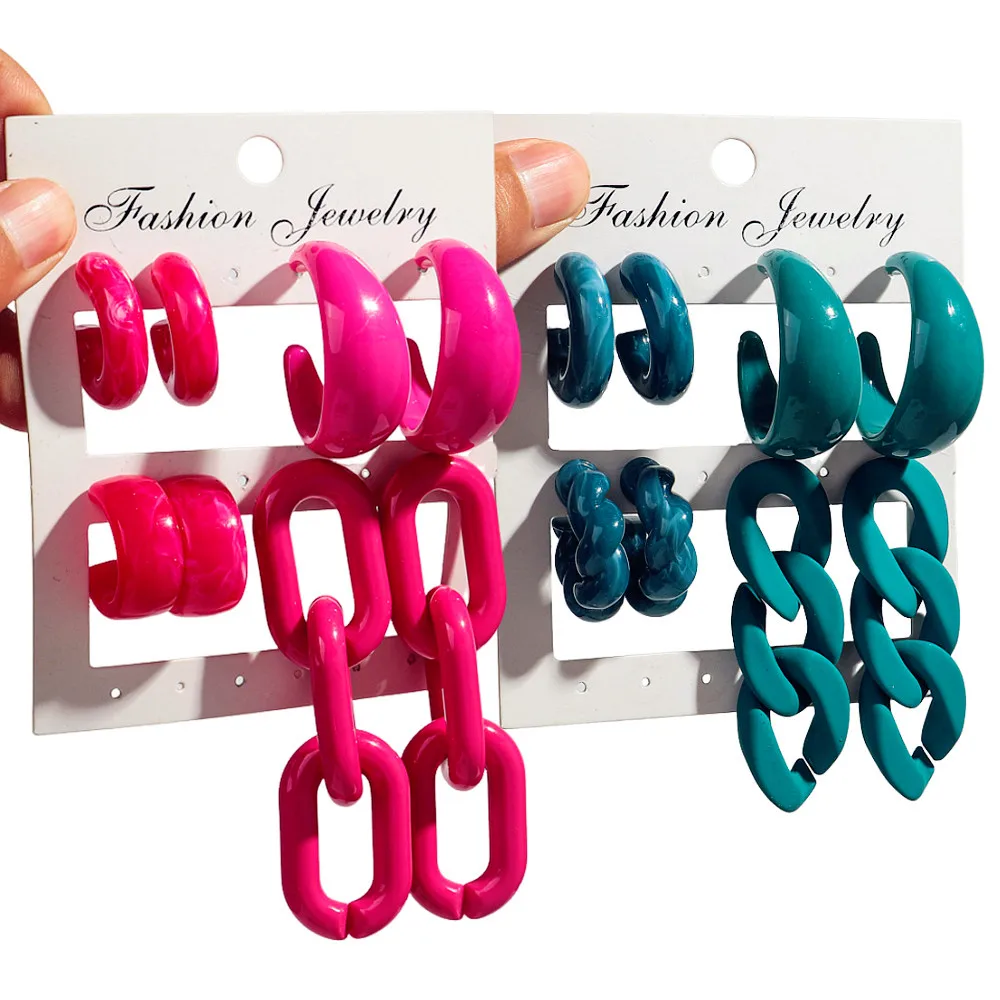 New 8pcs Colorful Circle Acrylic Hoop Earring for Women Korean Fashion Geometric Chain Drop Earrings Vintage Jewelry Sets Gifts