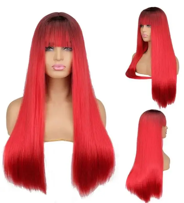 Wig Cosplay lurus panjang dengan poni rambut sintetis untuk wanita Wig tahan panas hitam merah anggur