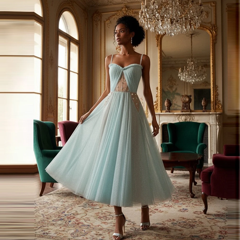 Zomer nieuwe elegante mesh a-lijn midi-jurk met uitgesneden taille glitter kralen gelaagde tule galajurk schattige avondjurken