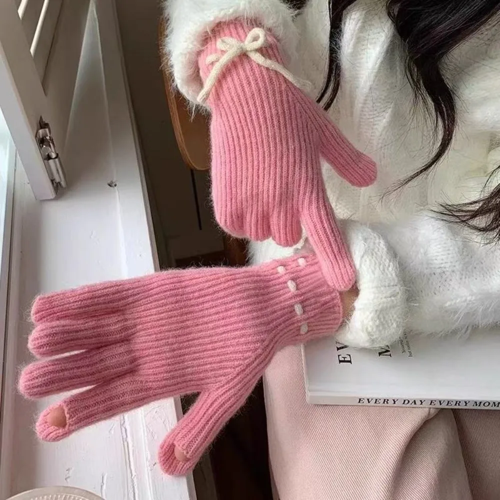 Durable Knitted Texture Wool bow knit gloves Solid Color Windproof Full Finger Mittens Touch Screen Gloves Outdoor Sports