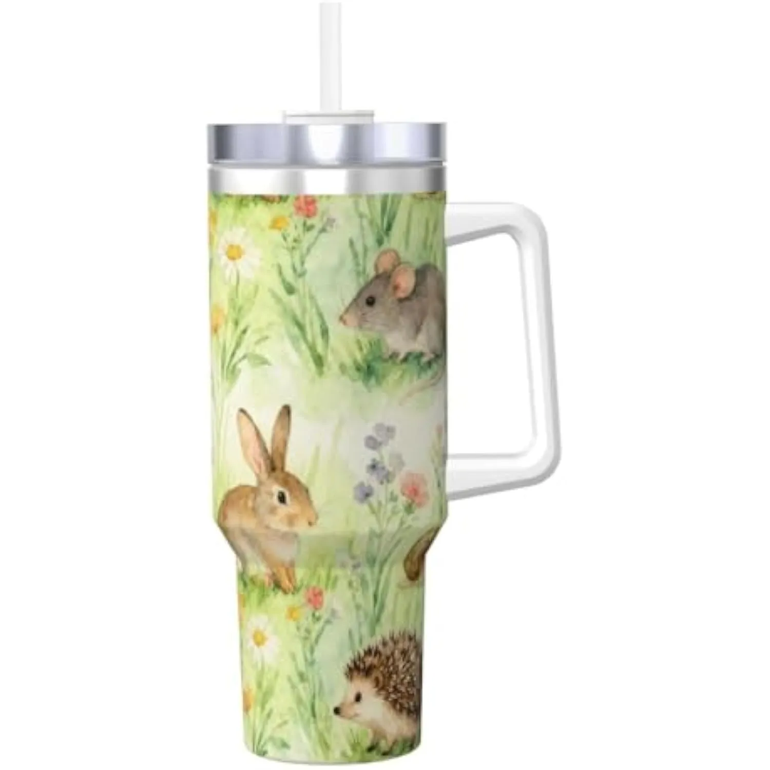 Watercolor Forest Animals Rabbit Mouse Hedgehog Tumbler 40oz Stainless Steel Travel Mug with Handle and Straw
