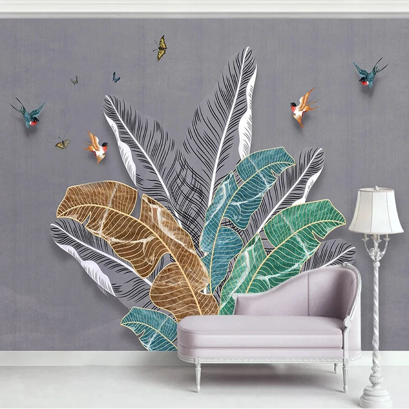 Custom 3D Wallpaper Nordic Simple Gold Lines Tropical Foliage Waterproof Canvas Fabric Printed Wallpaper Mural Papel De Parede