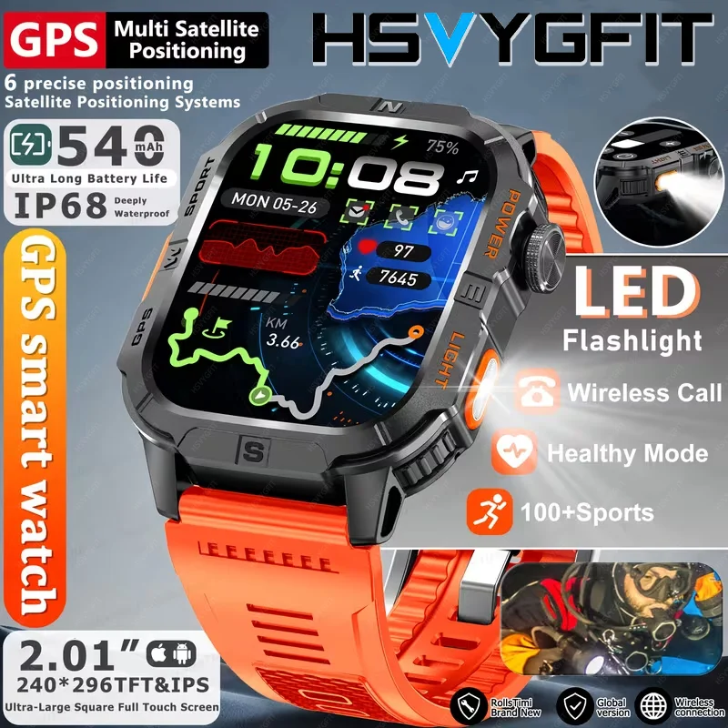 

2026 New Military Outdoor GPS Smart Watch heart rate blood oxygen Compass Flashlight Sports trackr Bluetooth call Smartwatch Men