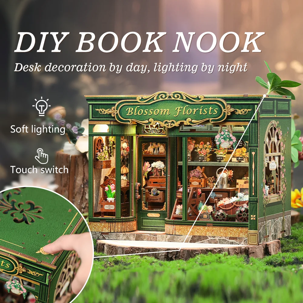 CUTEBEE Book Nook Kit 3D DIY Dollhouse with LED Light Bookshelf Insert Street Shop Series Miniature Model For Home Party Decor