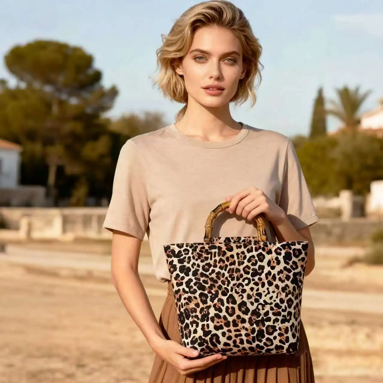 

Fashion leopard print women's tote handbag with high-quality bamboo handle design, ins-style women's spring and summer handbag