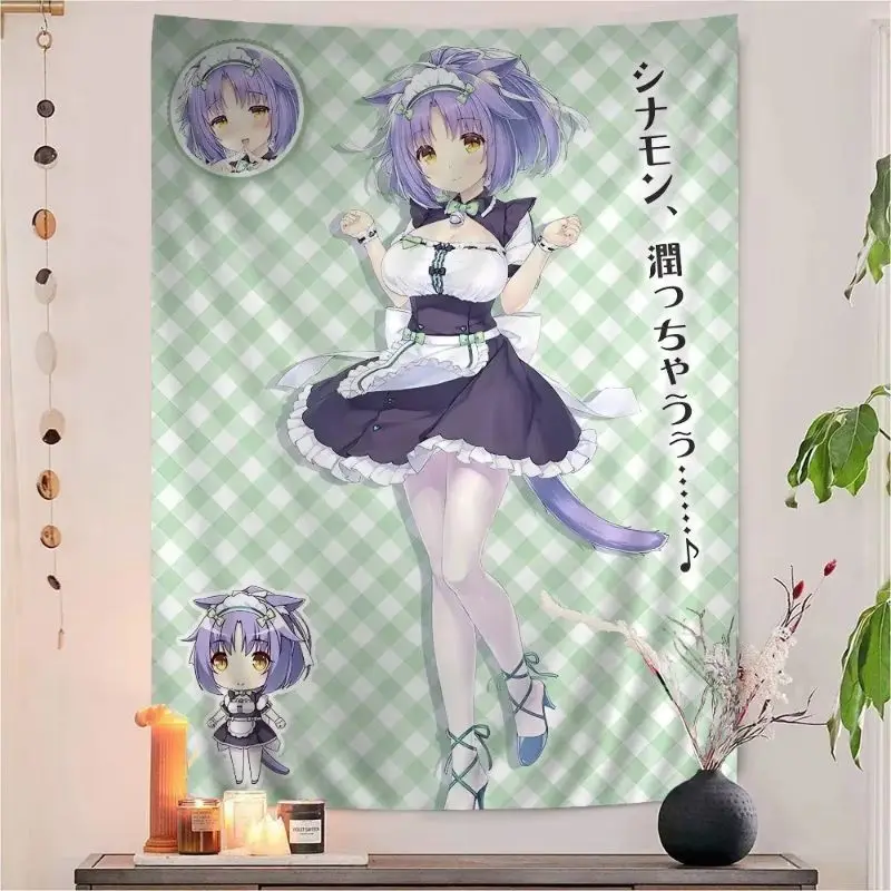 VIKAMA Cute Cat Girl Amusement Park Maid Tapestry, Kawaii Wall Hanging, Aesthetic Dorm Live Stream Background Decor