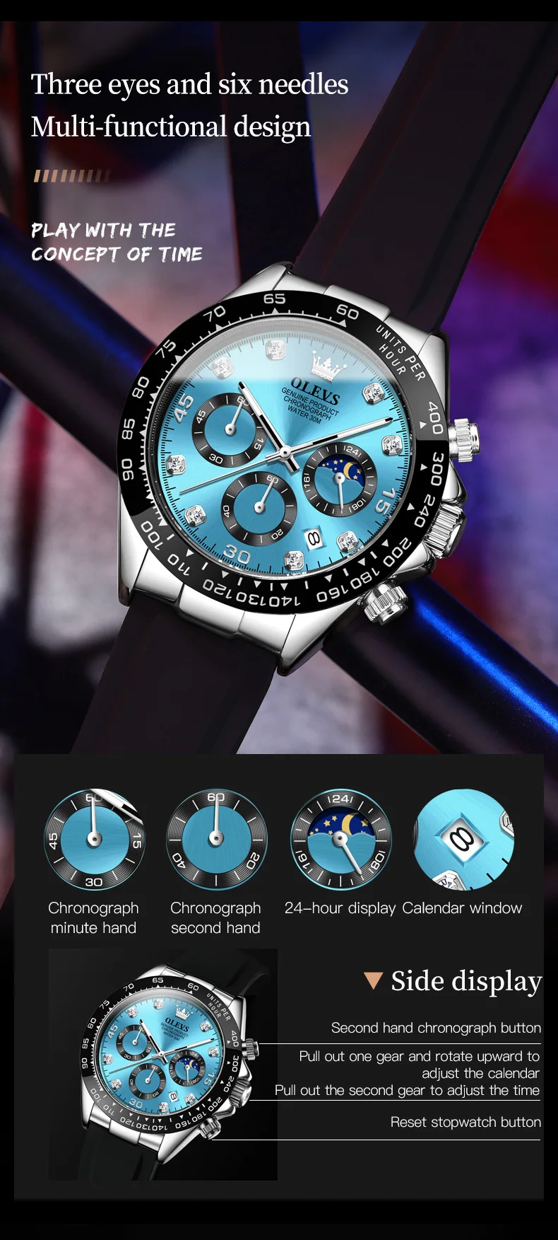 OLEVS 2875 Original Luxus Marke Quarzuhr für Männer Silikon Armband Chronograph Auto Datum Wasserdicht Mond Phase Mann Sport Uhr – Detail 13