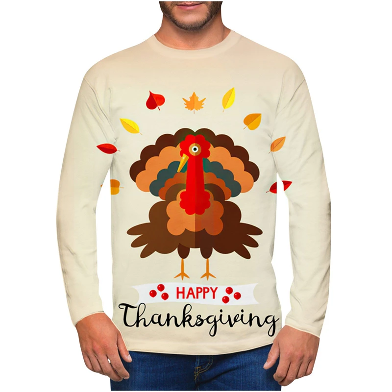 New Thanksgiving Men Long Sleeve T Shirt Cute 3d Print Turkey Tee Shirt Thanksgiving Day Graphic Crew Neck Shirt Mens Clothing