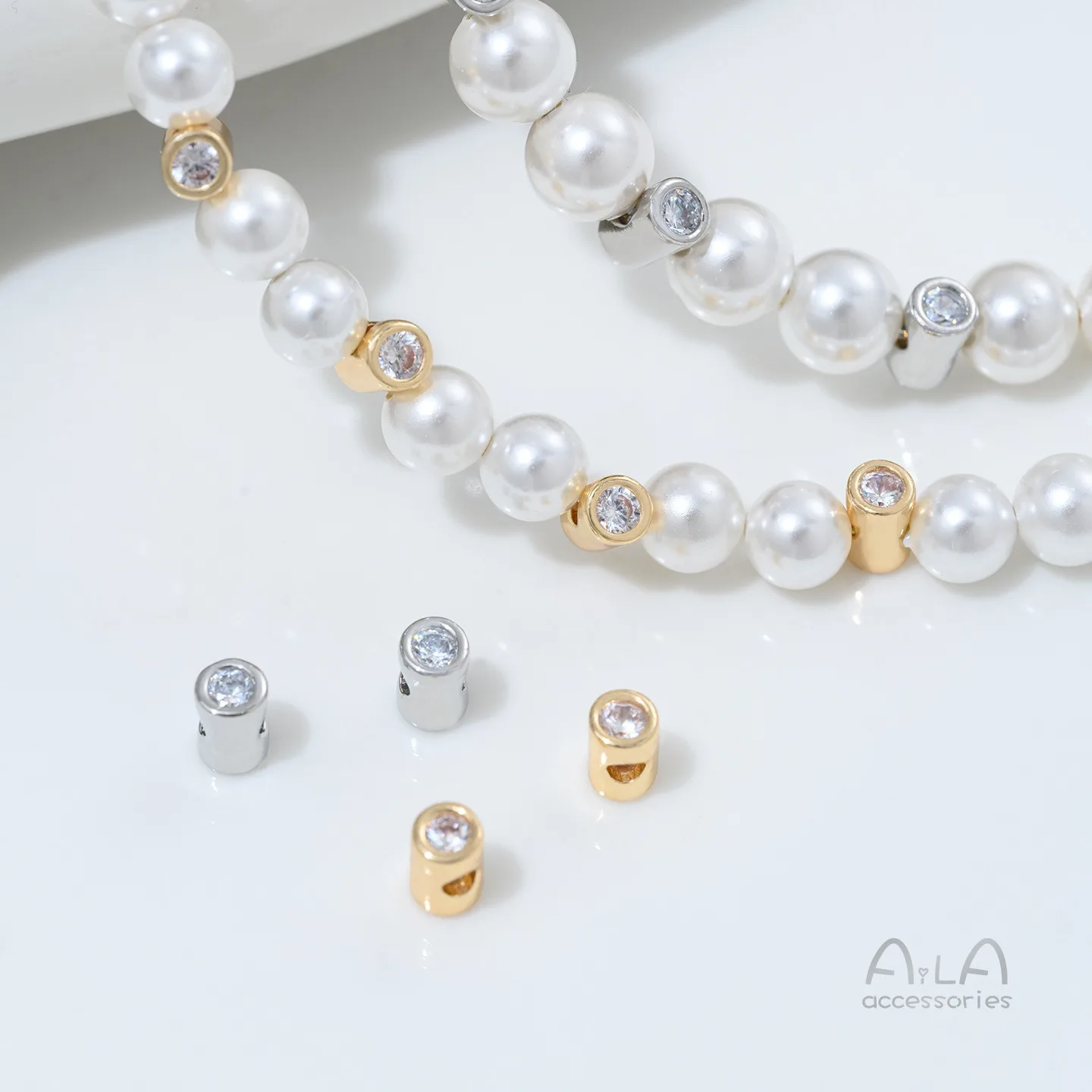 Copper Plated 14K Gold Zircon Cylindrical Through Hole Bead Spacer Handmade DIY String Pearl Bracelet Necklace Accessories
