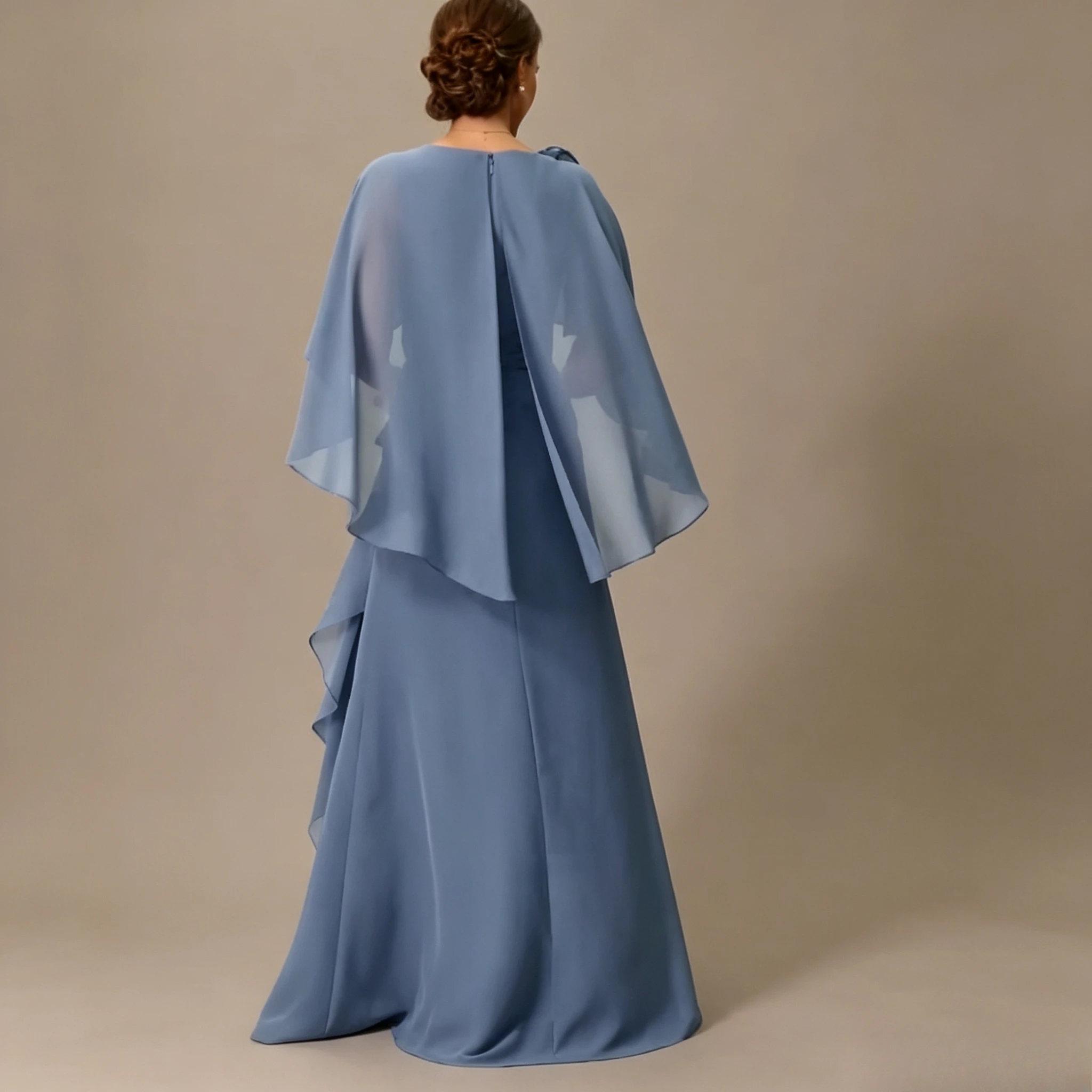Vestido de Noche con Cuello en V, Mangas Tipo Capa, Apliques de Rosas 3D en los Hombros, Cintura con Bordado de Encaje, Volantes en Cascada, Chifón, Vestidos Largos Formales