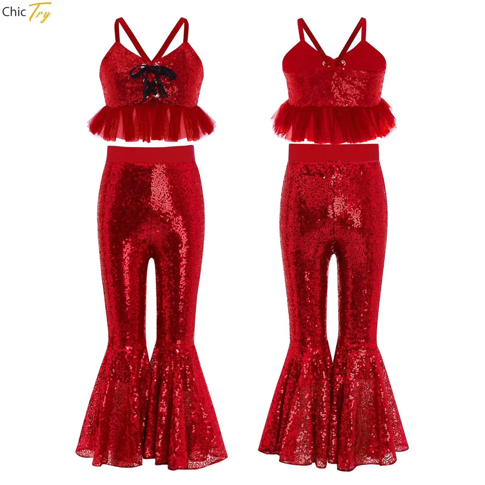 

Детский укороченный топ из тюля с блестками и блестками для девочек + расклешенные брюки-клеш для джазового дискотеки, современного танцевального выступления