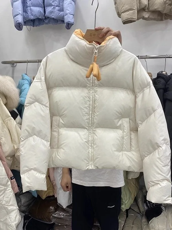 

Корейская зимняя женская утепленная куртка с воротником-стойкой, короткая, на молнии, с длинными рукавами, в стиле колор-блок