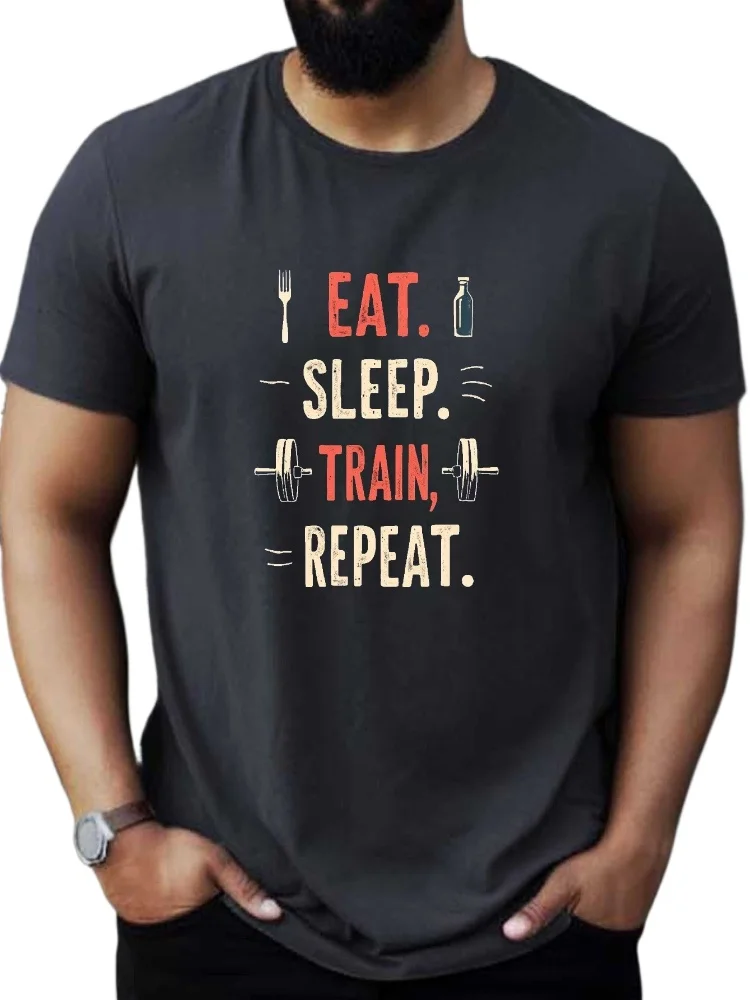 

Eat and sleep train repeat icon -100% cotton, breathable geometric design of fitness and leisure printed short-sleeved T-shirt.