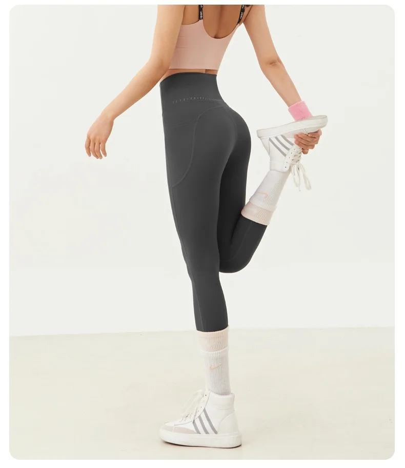 Yoga-Hose für Damen, hohe Taille, pfirsichfarben, hüftformend, schnell trocknend, mit Taschen, ohne Unterwäsche, Fitness-Gym-Hose – Detail 11